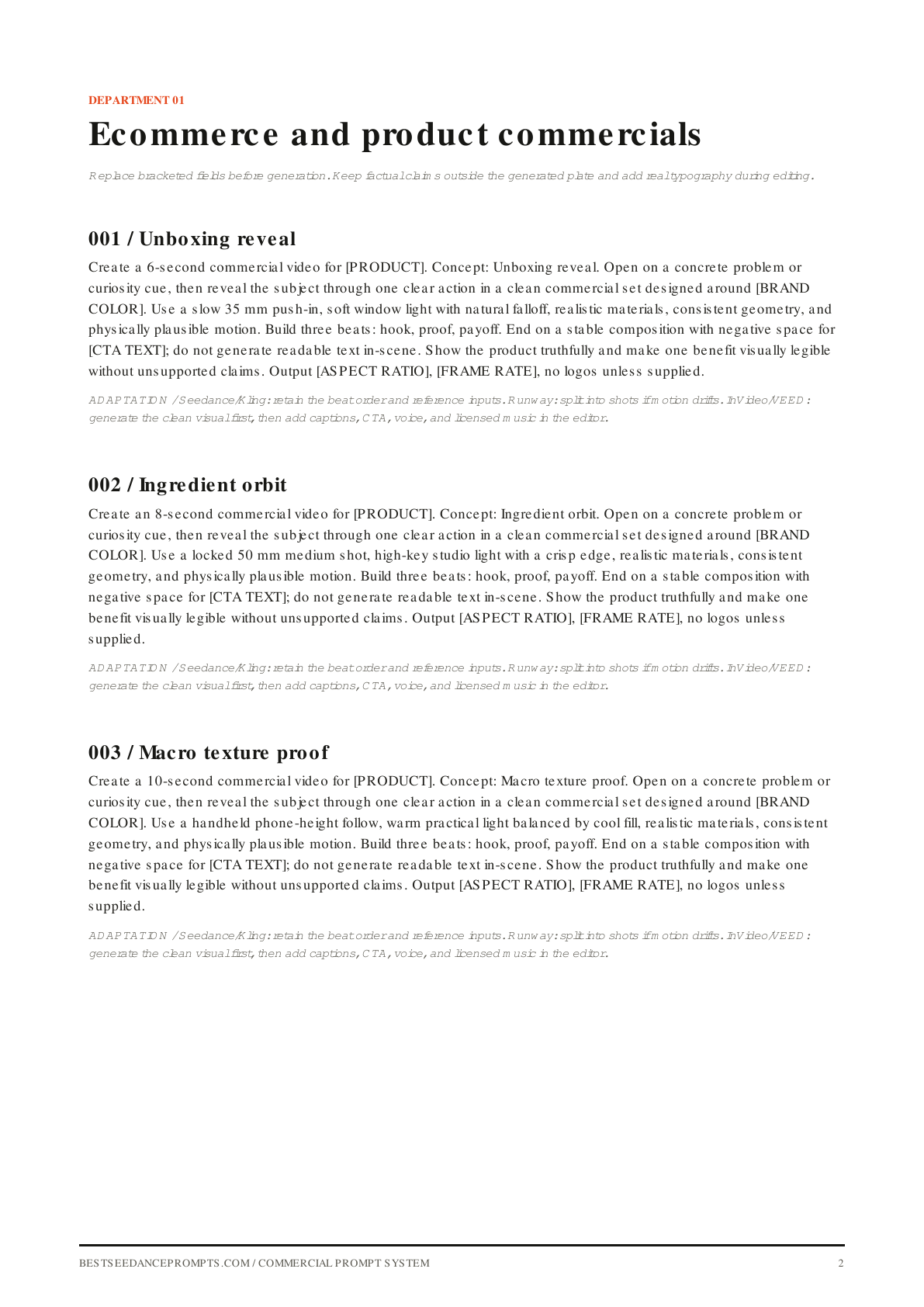 Preview page showing ecommerce prompt templates from the commercial AI video system