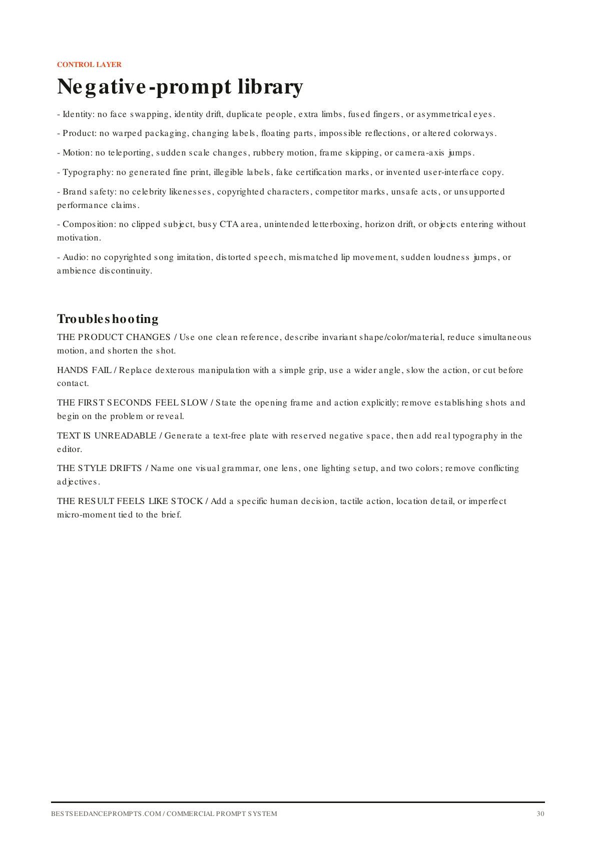 Preview page showing reusable negative prompts for commercial AI video generation