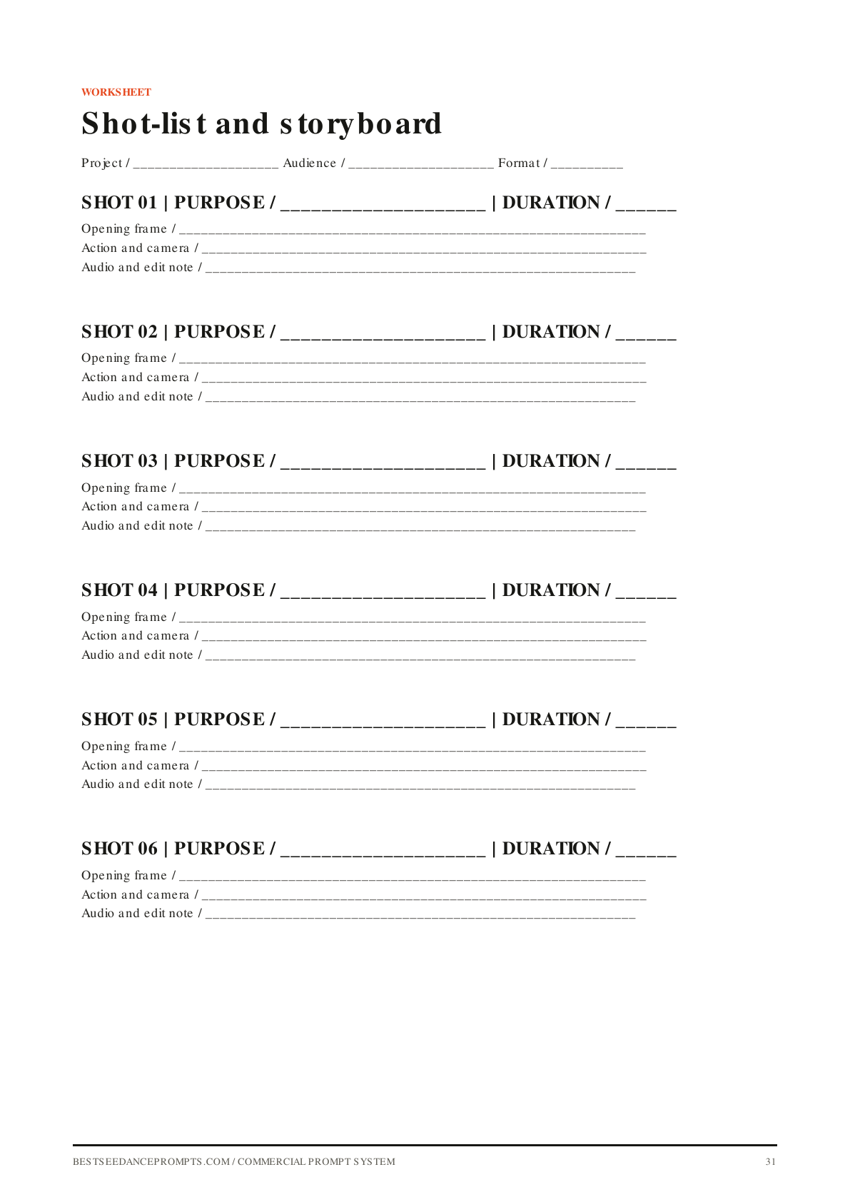 Preview page showing the printable shot-list and storyboard worksheet